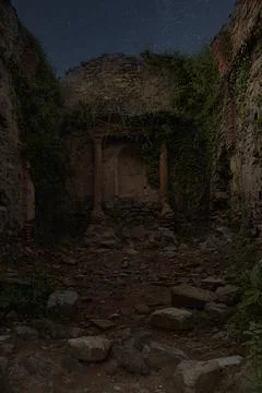 Jinquer, Castello, Spain. Interior of destroyed church in abandoned village Stock Photos