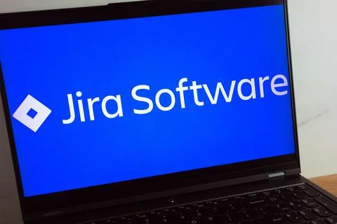 Jira task manager software logo displayed on laptop Foto stock