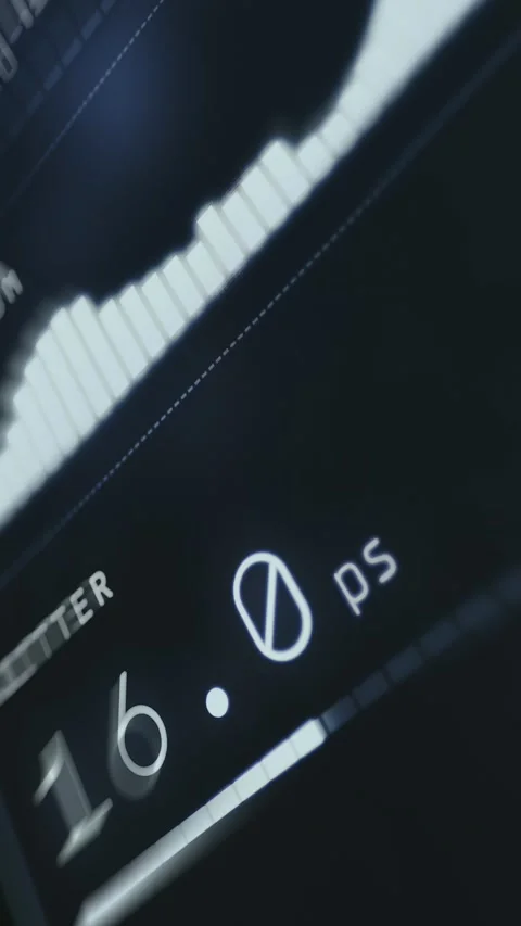 Jitter value of 14.3 picoseconds from a real-time system performance monitor Stock Footage 335477591