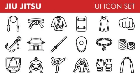 Jiu Jitsu UI Icon Set - Martial Arts Training and Equipment. Illustrazione stock