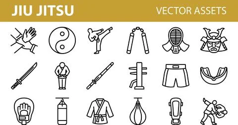 Jiu Jitsu Vector Assets Line Icons Set for Martial Arts and Combat Sports. Stock Illustration