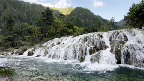 Jiuzhaigou Cascading Water at Double Dragon Lake Waterfall, Sichuan China Stock Footage 344530848