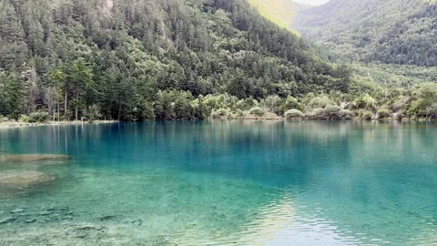 Jiuzhaigou Five Flower Lake clear turquoise water slow motion panning B-roll Stock Footage 341458860