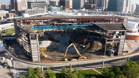 JLA Arena Tear Down Medium Aerial Sunny Morning Stock Footage 122081254