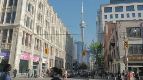 Jm1612 Queen West Toronto Intersection CN Tower Medium Video stock 50420412