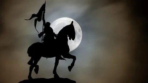Joan of Arc or Jeanne d'Arc, Bronze Equestrian Statue by Night with Moon, Paris Stock Footage 103677579