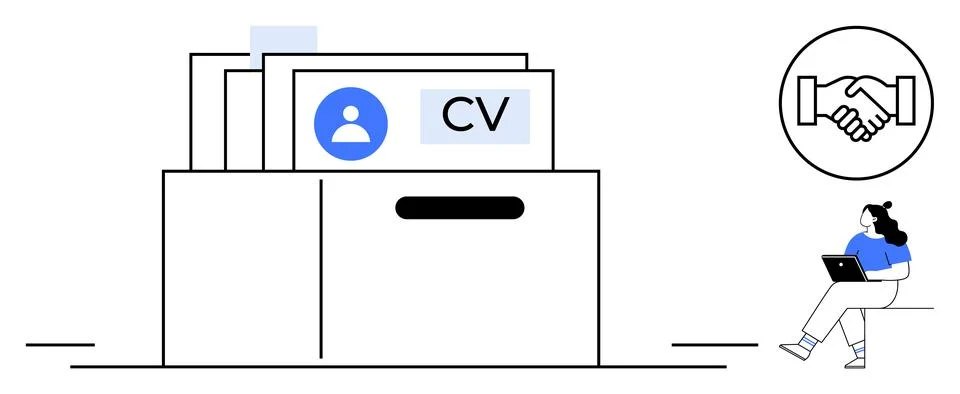 Job Application Concept with CV Folder, Handshake Icon, and Job Seeker on L.. イラスト素材