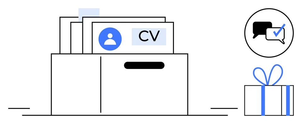Job application process with CVs in a drawer, speech bubble with checklist,.. Illustrazione stock