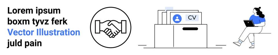 Job Application Process with Handshake, Resume, and a Woman Working on a Lapt Stock Illustration