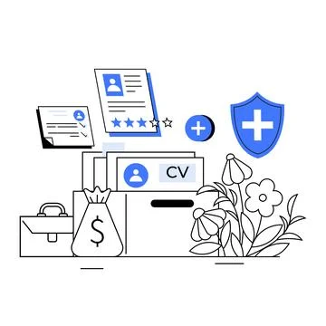 Job applications CVs with blue shield symbols and financial elements in a bal Illustrazione stock