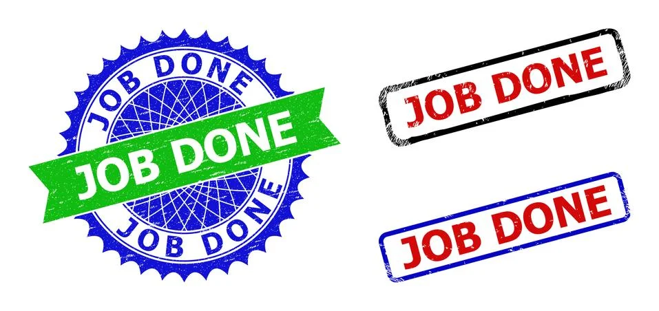 JOB DONE Rosette and Rectangle Bicolor Seals with Distress Surfaces Illustrazione stock