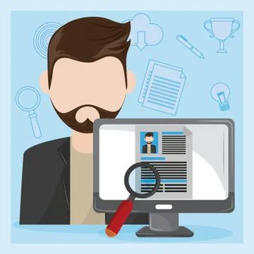 Job interview computer with checking worker CV profile Illustrazione stock