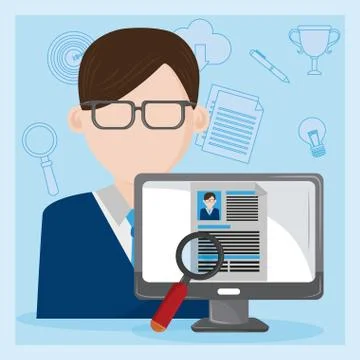 Job interview computer with checking worker CV profile Illustrazione stock