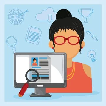 Job interview computer with checking worker CV profile Illustrazione stock