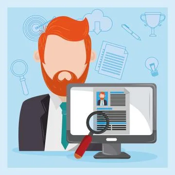 Job interview computer with checking worker CV profile Illustrazione stock