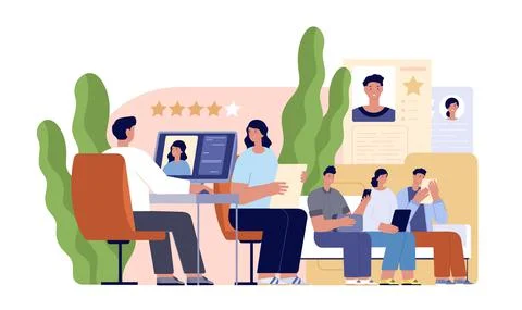 Job interview concept. Work communication, male hr boss and employee waiting Illustrazione stock
