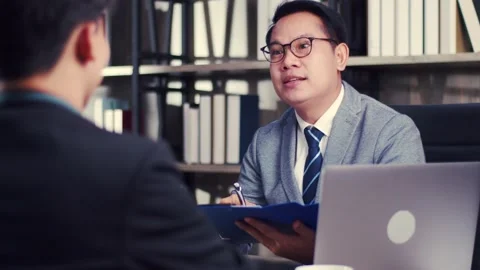 Job interview, Confident executive asking candidate question new employee. 스톡 동영상 144427888