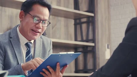 Job interview, Confident executive asking candidate question new employee. 스톡 동영상 145887477