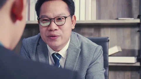 Job interview, Confident executive asking candidate question new employee. 스톡 동영상 145887504
