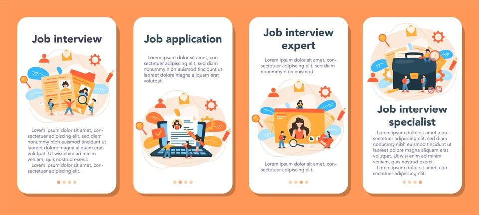 Job interview mobile application banner set. Idea of employment and hiring. Illustrazione stock
