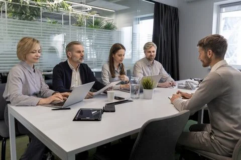 Job interview process is in office. Human resources, meeting and group of h.. Foto stock