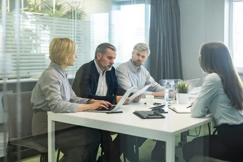 Job interview process is in office. Human resources, meeting and group of hir Stock Photos