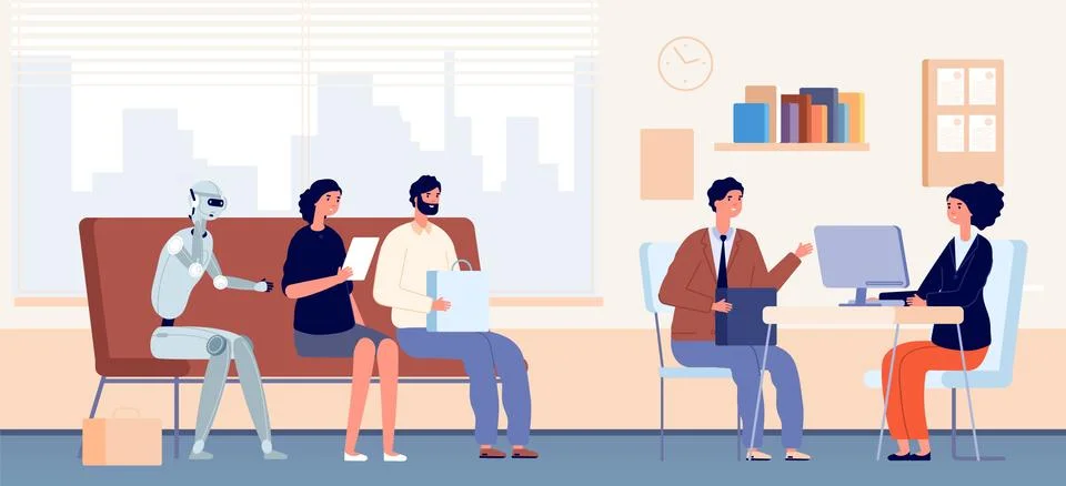 Job interview queue. People and robot sitting in waiting line in office. HR 스톡 일러스트