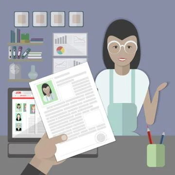 Job interview with resume. Illustrazione stock