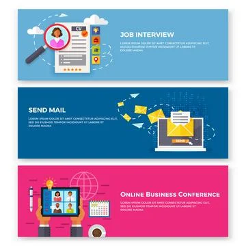 Job interview, send mail and online business conference banners set. Video ca Stock Illustration