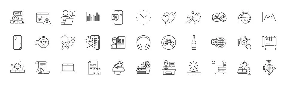 Job interview, Time and Augmented reality line icons. For web app, printing Illustration