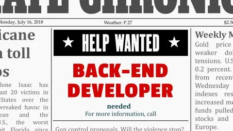 Job offer - back-end developer. IT career newspaper classified ad in fake gen イラスト素材