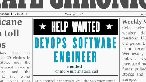 Job offer - DevOps software engineer. IT career newspaper classified ad in fa Illustrazione stock