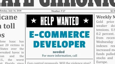 Job offer - e-commerce developer. IT career newspaper classified ad in fake g イラスト素材
