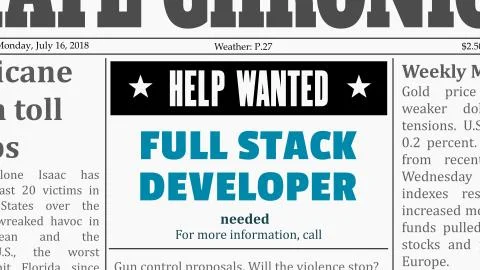 Job offer - full stack developer. IT career newspaper classified ad in fake g Stock Illustration