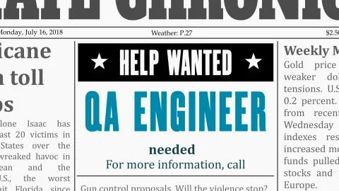 Job offer - QA engineer. IT career newspaper classified ad in fake generic ne Illustrazione stock