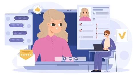 Job online interview, virtual introduction with employee. Digital resume and Stock Illustration