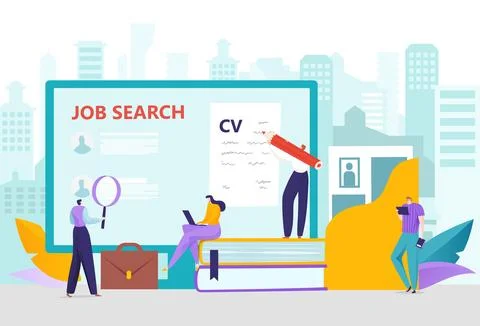 Job search at computer, vector illustration, recruitment at work online, flat Stock Illustration