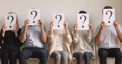 Jobless job seekers sit in queue hide face with questions Stock Footage 119835904