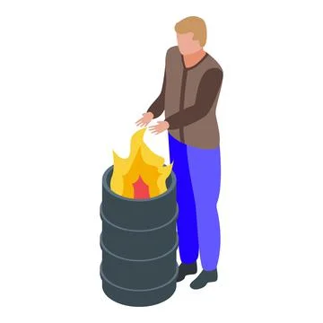 Jobless man at fire barrel icon, isometric style Illustrazione stock