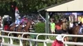Jockeys with racing horses escorted on the way to the course HD Footage
