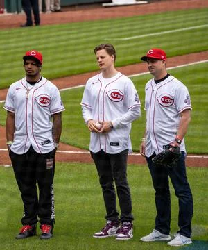 Joe Burrow throwing out the first pitch at the Cincinnati Reds Opening day 2022 Stock Photos