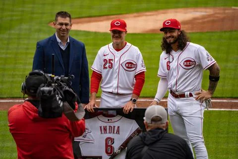 Joe Burrow throwing out the first pitch at the Cincinnati Reds Opening day 2022. Stock Photos