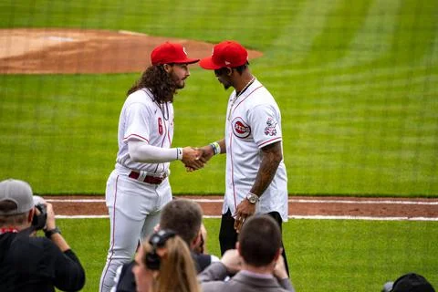 Joe Burrow throwing out the first pitch at the Cincinnati Reds Opening day 2022. Stock Photos