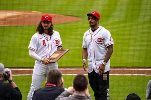 Joe Burrow throwing out the first pitch at the Cincinnati Reds Opening day 2022. Stock Photos