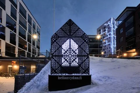 Joensuu, Finland - December 1, 2019: Art object "Hellan sydan" on the backgro Stock Photos