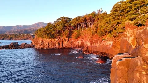 Jogasaki Coast, Cliffs, Columnar Joints, Sunrise, Waves, Aerial│Close Up Stock Footage 329062026