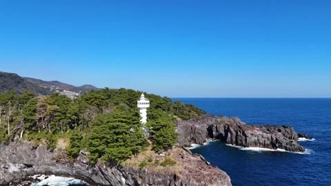 Jogasaki Coast Lighthouse Surrounded by Pine Trees Aerial Stock Footage 329061215