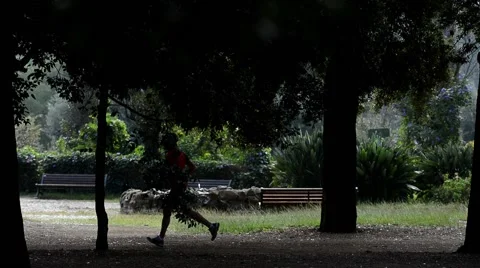 Jogger running through park, seen through the trees Stock Footage 65826559