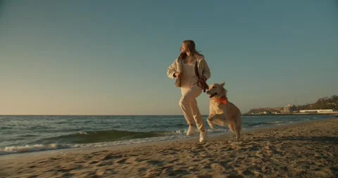 Jogging and playing with her pets a blonde girl on the beach runs with her big Stock Footage 243493197
