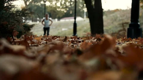 Jogging on autumn leaves Stock Footage 98554121